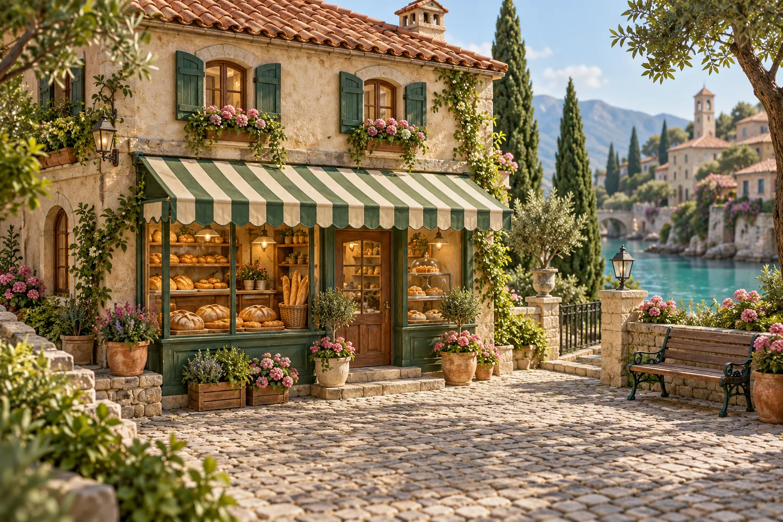 The warm shopfront of Hani’s Bakery in Tomorrowville, beside a leafy river