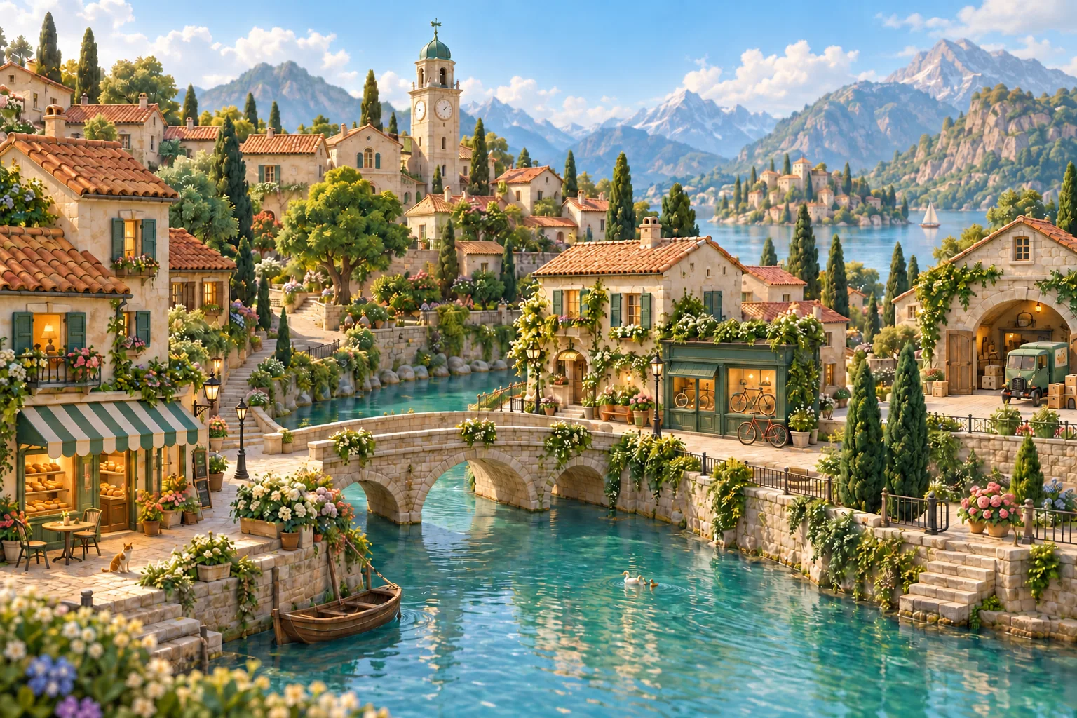 Tomorrowville’s sunlit bakery, stone bridge and apricot roofs beside a quiet river